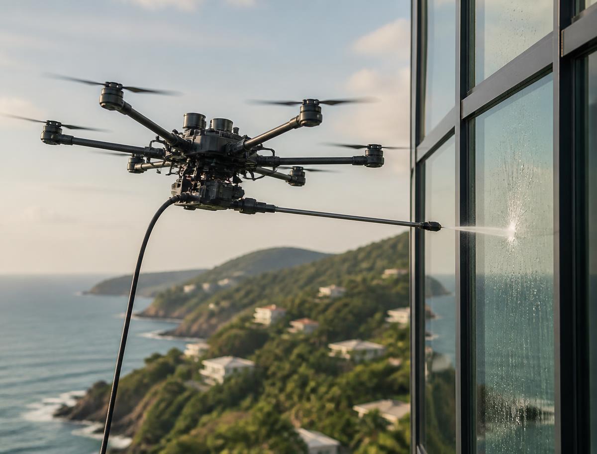 Drone industrial realizando hidrojateamento de fachada de vidro em edifício moderno